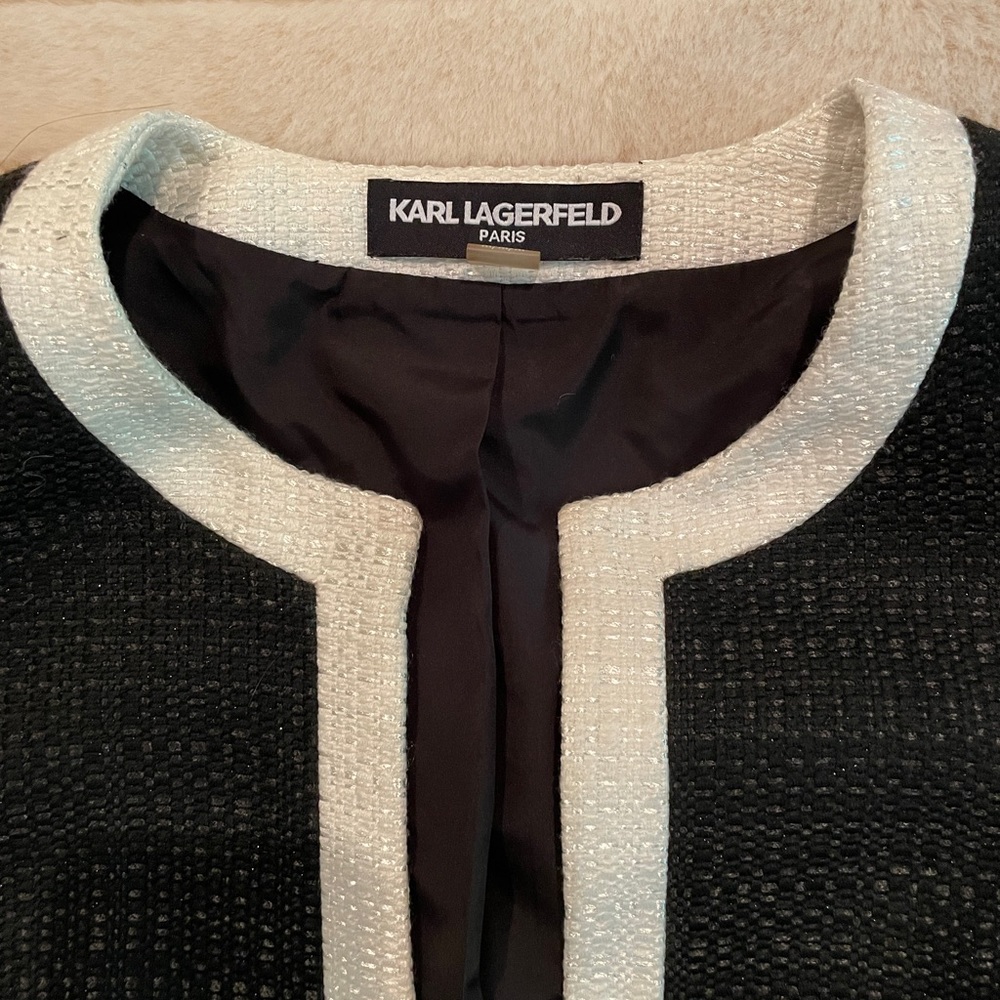 Karl Lagerfeld, Black tweed short sleeve dress, white edging and matching jacket